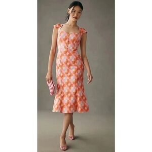 ANTHROPOLOGIE CECILY FIT & FLARE SWEETHEART MIDI DRESS PINK COMBO CAP SLEEVE L